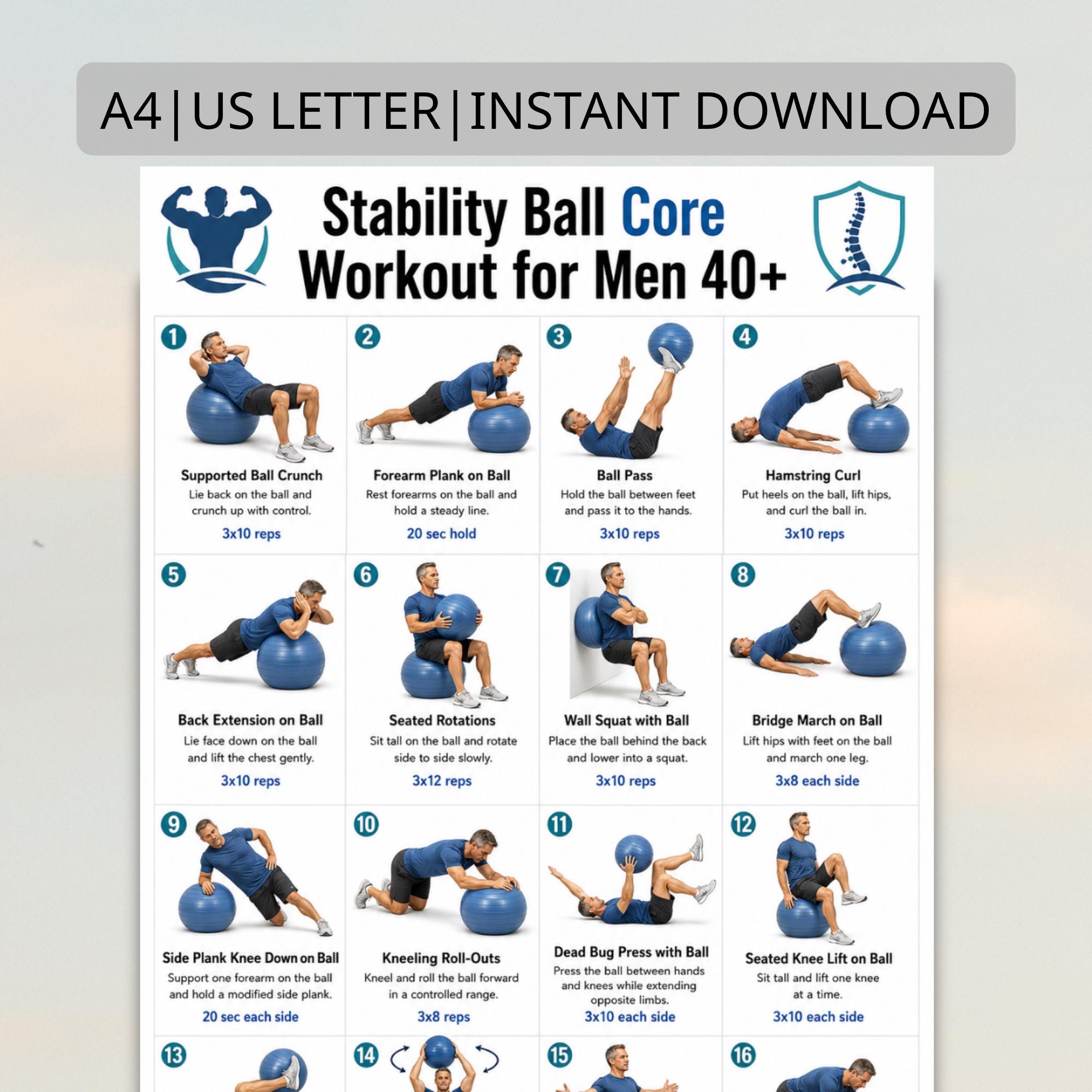 Stability Ball Core Workout for Men 40+ | Swiss Ball Exercise Chart PDF ...