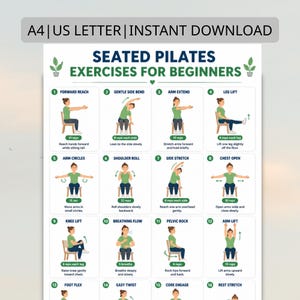 Puede incluir: Una guía imprimible en blanco para ejercicios de Pilates sentado para principiantes. La guía incluye ilustraciones de ejercicios como alcance hacia adelante, flexión lateral suave, extensión de brazo, elevación de pierna, círculos de brazo, rotación de hombros, estiramiento lateral, apertura de pecho, elevación de rodilla, flujo de respiración, balanceo pélvico, elevación de brazo, flexión de pie, giro fácil, compromiso central y estiramiento de descanso.