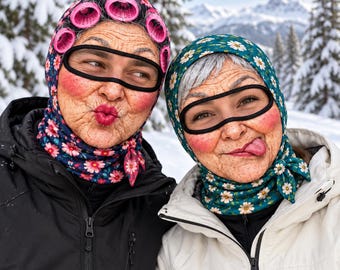 May include: Two balaclavas featuring a realistic print of an elderly face with pink cheeks, a black eye mask, and a floral pattern. One balaclava is dark blue with pink flowers and pink hair rollers, while the other is teal with white daisies.