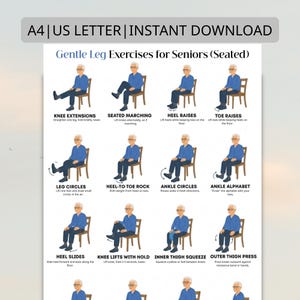 Peut inclure: Un guide imprimable intitulé "Gentle Leg Exercises for Seniors (Seated)". Le guide présente des illustrations d'exercices assis, notamment des extensions de genoux, des levées de talons et des cercles de cheville. Le texte en haut indique "A4 | US LETTER | INSTANT DOWNLOAD".
