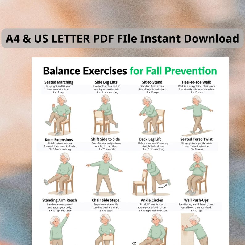 Balance & Stability Exercises Printable, Standing and Seated Chair ...