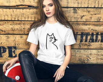 Minimalistisches Katzen T-Shirt: Lustiges Line Art Grafik T-Shirt für Katzenliebhaber
