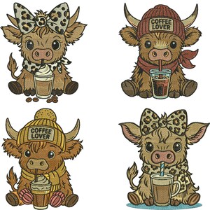 Broderidesign för höglandskon, söt ko med fjäril, blommig höglandshelgsömnad, maskinbroderidesign