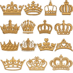 May include: A selection of gold-coloured crown designs, each with unique details and shapes. The crowns vary in style, from simple bands to ornate, jewel-like structures, suitable for embroidery or digital design projects.