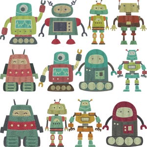 May include: A collection of colorful robot illustrations in various designs. Each robot has a unique body shape, color scheme, and facial features. Some robots have antennas, while others have arms raised. The robots are in shades of green, red, blue, and yellow.
