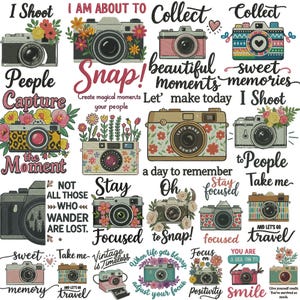 Op de afbeelding: Een collage van geïllustreerde camera's met bloemen- en patroonontwerpen. Tekst bevat zinnen als "Snap!", "Capture the Moment" en "Smile". De camera's zijn in verschillende kleuren, waaronder roze, groen en goud.