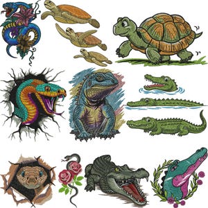 May include: A collection of embroidered reptile and amphibian designs. Includes a blue and purple snake with flowers, turtles, a lizard, and crocodiles. The designs are detailed with various colors and textures.