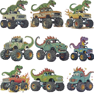 Może przedstawiać: Dziewięć kolorowych ilustracji monster trucków, każda z motywem dinozaura. Ciężarówki są w różnych kolorach, w tym zielonym, żółtym i czerwonym, z dużymi oponami. Dinozaury są przedstawione na górze lub jako część projektu ciężarówki.