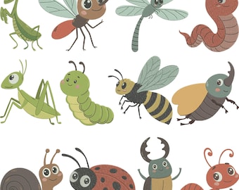 May include: A collection of colorful cartoon insects, including a praying mantis, mosquito, dragonfly, worm, grasshopper, caterpillar, bee, beetle, snail, ladybug, stag beetle, and ant. Each insect is depicted with a friendly, smiling expression and vibrant colors.