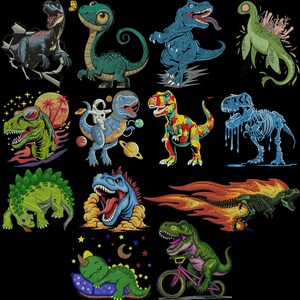 Broderidesign för dinosaurier, broderi med T-Rex-dinosaurier, minidinosaurie, broderi med dinosaurie-Claus, maskinbroderidesign