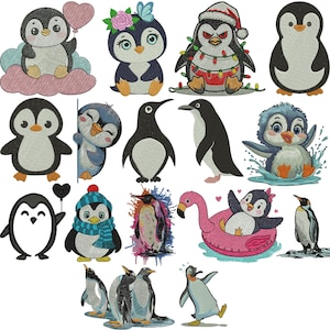 Könnte beinhalten: Eine Sammlung gestickter Pinguin-Designs in verschiedenen Stilen. Einige Pinguine tragen Hüte und Schals, andere halten Luftballons oder befinden sich im Wasser. Die Farbpalette umfasst Schwarz, Weiß, Blau und Rosa.