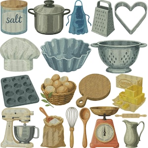 Può includere: Un'illustrazione di vari strumenti per cuocere e cucinare, tra cui un robot da cucina, una bilancia, uno scolapasta e un tagliabiscotti a forma di cuore. Altri oggetti includono un cappello da chef, una pentola e un cestino di uova. La parola "sale" è su un barattolo.
