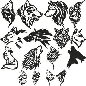 May include: A collection of black and white wolf designs. The images include various wolf portraits, howling wolves, and stylized tribal art. The designs are suitable for tattoos, stickers, or other graphic applications.