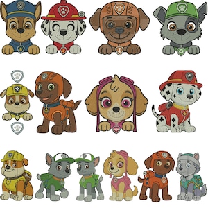 May include: A collection of embroidered patches featuring various cartoon dog characters in different uniforms and outfits. The dogs are depicted with distinct facial expressions and accessories, such as hats and vests, in a colorful and playful style.