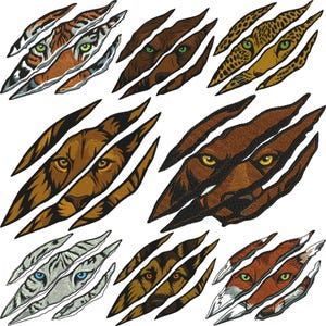 Puede incluir: Colección de parches bordados con ojos de animales asomando a través de marcas de garras. Los parches muestran un tigre, un oso, un leopardo, un león, un lobo y un zorro, cada uno con ojos y texturas de pelaje detallados.