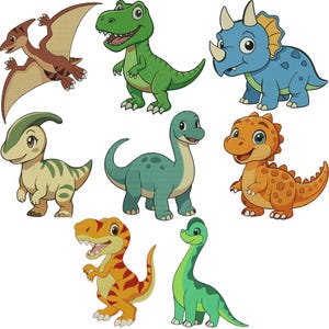 May include: A selection of colourful cartoon dinosaurs, including a green T-Rex, a blue Triceratops, and a brown Pterodactyl. Other dinosaurs are in shades of orange, yellow, and green. The dinosaurs are in a playful, cartoon style.