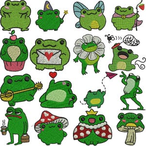 May include: A selection of green frog embroidery designs, each with unique accessories and expressions. Frogs are depicted with a wizard hat, fairy wings, a cape, a flower, a love letter, and more. The designs are detailed and whimsical.