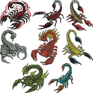 May include: Nine embroidered scorpion designs in various colours. The scorpions feature detailed claws, stingers, and body segments. Some designs include flames, chains, and skull accents. The colour palette includes red, gold, green, and teal.