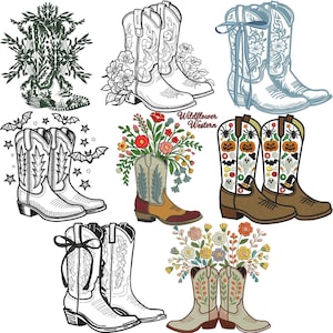May include: A collection of embroidered cowboy boot designs. The boots feature various themes, including floral arrangements, Halloween motifs with pumpkins and bats, and intricate floral patterns. The text "Wildflower Western" is also present.