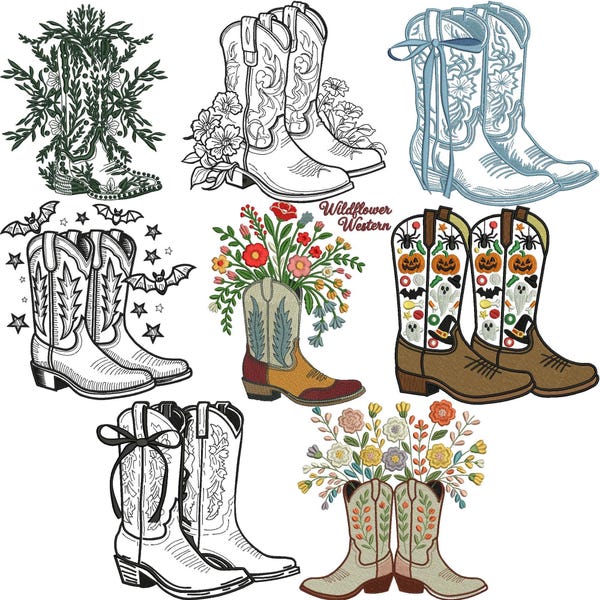 Cowgirl Shoes Embroidery Design, Cowgirl Wildflower Boots, Square Toe, Poppy Meadow Cowboy, Western boot, Machine Embroidery Design