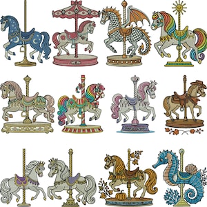 May include: A collection of carousel horse designs in various colors and styles. Each horse is mounted on a pole and features intricate details, including saddles, manes, and decorative elements. Some horses have wings or unique designs.