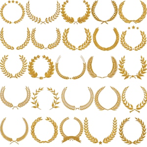 Może przedstawiać: Kolekcja złotych wieńców laurowych i elementów dekoracyjnych. Obraz przedstawia różne wzory, w tym okrągłe wieńce, półokrągłe kompozycje i pojedyncze gałązki, wszystkie w szczegółowym, ilustracyjnym stylu. Odpowiednie do nagród, logo lub celów dekoracyjnych.