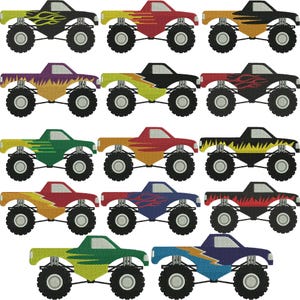 May include: A collection of embroidered monster truck designs in various colors, including black, red, yellow, green, and blue. Each truck features large tires and flame or lightning bolt graphics on the sides.
