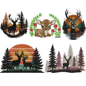 Può includere: Una collezione di ricami di cervi. I disegni includono una silhouette di cervo in una scena forestale, un cerbiatto circondato da fiori e cervi con sfondi di tramonto. La tavolozza dei colori comprende tonalità di marrone, verde e arancione.
