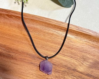 Raw Amethyst Pendant Necklace – natural crystal cluster stone pendant, purple healing crystal jewelry, unisex spiritual gift necklace