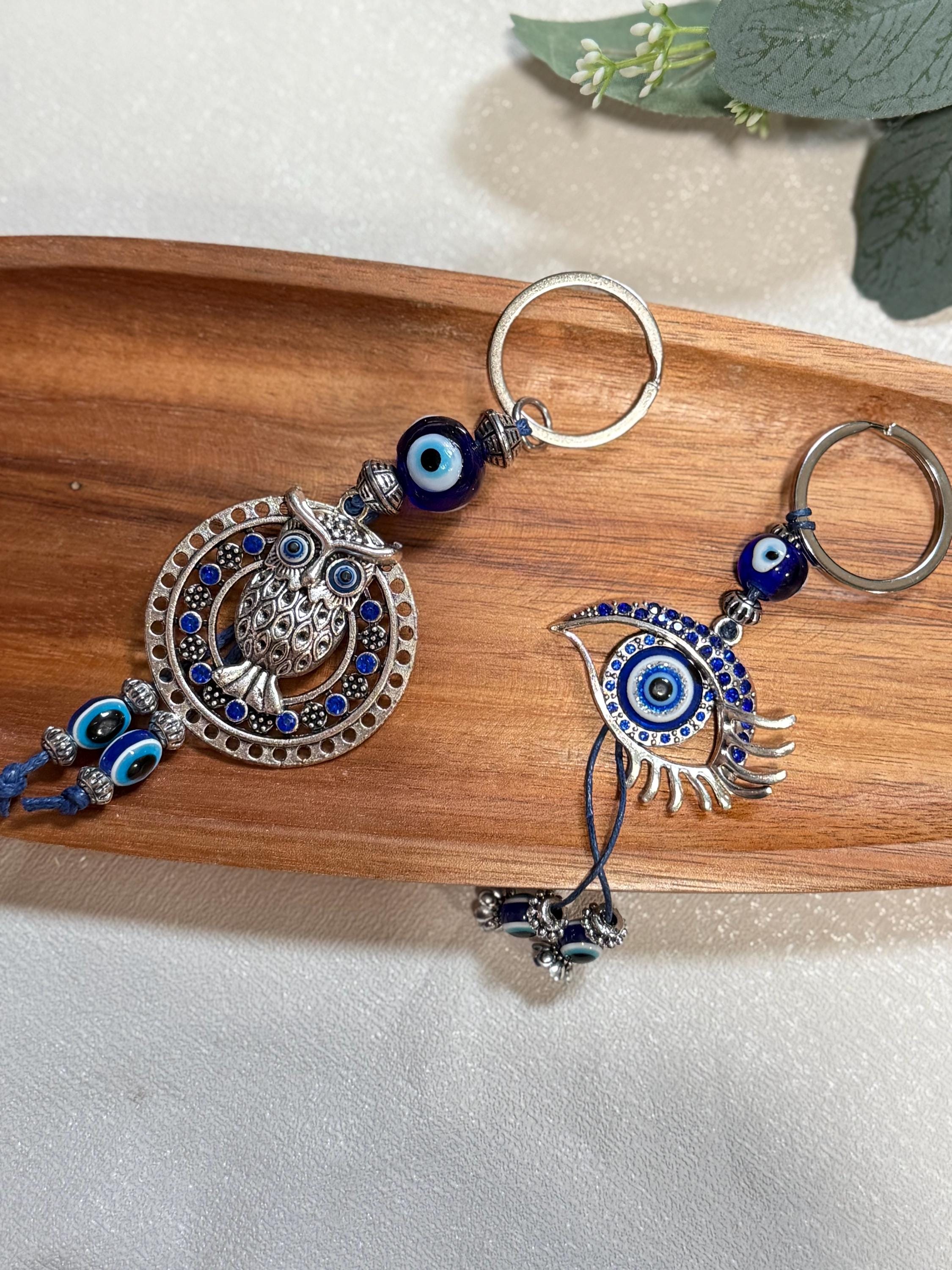 Owl Keychain, Eye Evil Eye Keychain &ndash; silver lucky amulet bag charm, blue eye protection penda