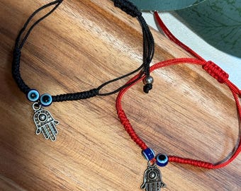 Adjustable Evil Eye Hamsa Hand Bracelet – Red or Black String Protection Amulet, Unisex Lucky Charm Jewelry, Spiritual Gift