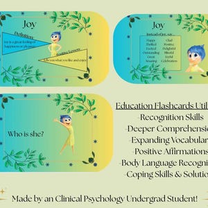 May include: Educational flashcards featuring the character Joy from the movie Inside Out. The flashcards include definitions, positive affirmations, and recognition skills. The text on the flashcards includes "Joy", "Definition", and "Who is she?"
