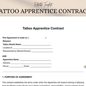 May include: A printable tattoo apprentice contract template with the title "Tattoo Apprentice Contract" in a bold, black font. The document includes fields for the studio name, apprentice name, address, and contact information. The background is a light beige.