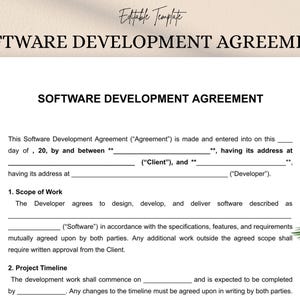 以下が含まれることがあります： 太字の黒いフォントで「SOFTWARE DEVELOPMENT AGREEMENT」というタイトルが付いたソフトウェア開発契約テンプレート。このドキュメントには、クライアントと開発者の情報、作業範囲、プロジェクトタイムラインのセクションが含まれています。