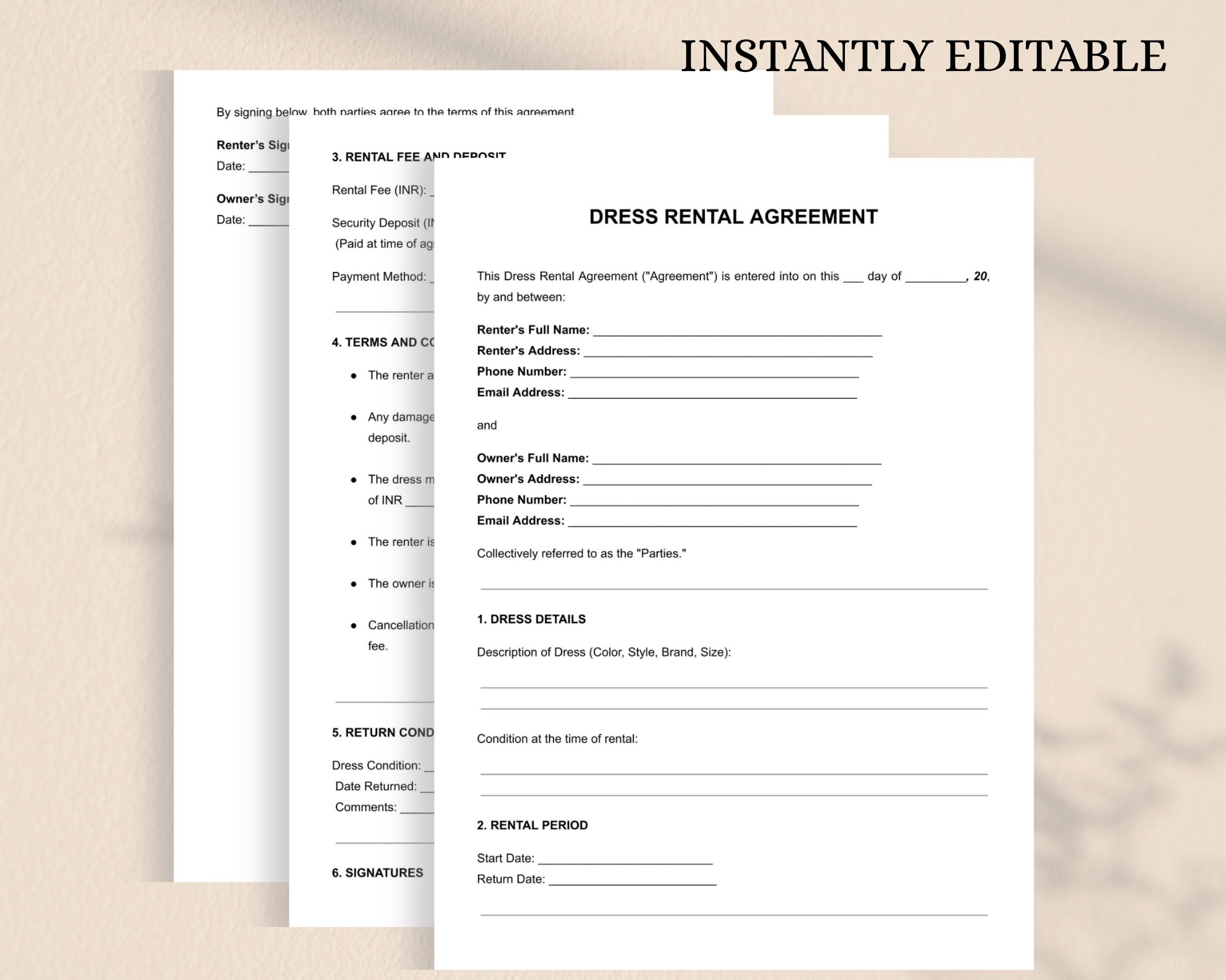 Dress Rental Agreement Template | Editable DOC & PDF | Formal Wear Gown ...