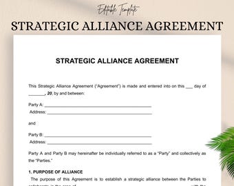 Strategic Alliance Agreement Template Editable PDF & DOC | Business Partnership Contract | Joint Venture Agreement