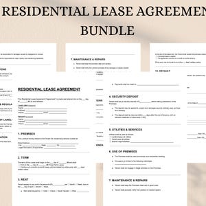 May include: A bundle of residential lease agreement forms, printed on white paper. The title "RESIDENTIAL LEASE AGREEMENT BUNDLE" is at the top. The forms include sections for premises, rent, security deposit, and utilities. The text is in black.