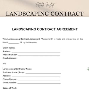 Peut inclure: Un modèle de contrat d'aménagement paysager blanc avec le texte "LANDSCAPING CONTRACT AGREEMENT" en gras noir. Le document comprend des champs pour les informations sur le client et l'entrepreneur, et la portée des travaux.