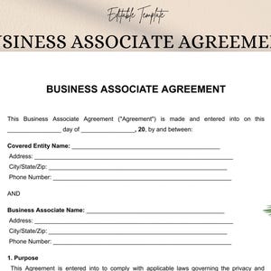 Könnte beinhalten: Eine weiße Vorlage für eine Business Associate Agreement mit schwarzem Text. Das Dokument enthält Felder für den Namen der abgedeckten Entität, die Adresse, Stadt/Bundesstaat/Postleitzahl und Telefonnummer. Der Titel "Business Associate Agreement" steht oben.