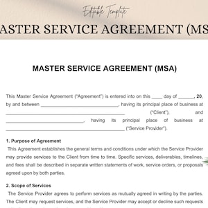 Puede incluir: Un documento blanco titulado "MASTER SERVICE AGREEMENT (MSA)" con el texto "Editable Template" en la parte superior. El documento incluye secciones para los detalles del acuerdo, el propósito y el alcance de los servicios. El texto es en negro.