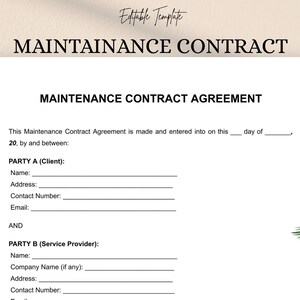 Puede incluir: Una plantilla de contrato de mantenimiento blanca con el título "MAINTENANCE CONTRACT" en la parte superior. El documento incluye secciones para los detalles del cliente y del proveedor de servicios, con campos rellenables para nombres, direcciones e información de contacto. Las palabras "Editable Template" están en la parte superior.