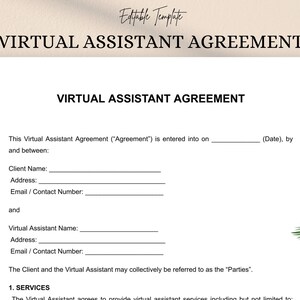 Könnte beinhalten: Ein weißes Dokument mit der Überschrift „VIRTUAL ASSISTANT AGREEMENT“ und dem Text „Editable Template“ oben. Das Dokument enthält Felder für Kunden- und virtuelle Assistenteninformationen sowie einen Abschnitt für Dienstleistungen.