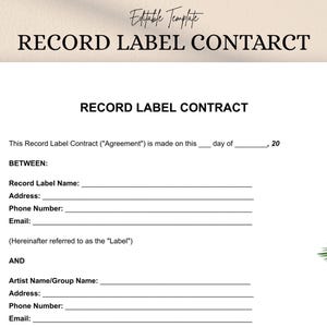 Record Label Contract | Editable Doc & PDF | Music Artist Agreement | Label Talent Deal Form | Instant Download