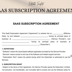 Könnte beinhalten: Eine SaaS-Abonnementvereinbarung Vorlage mit dem Titel "SAAS SUBSCRIPTION AGREEMENT". Das Dokument enthält Abschnitte für Definitionen und Abonnementvereinbarungen mit ausfüllbaren Feldern. Der Hintergrund ist hellbeige.