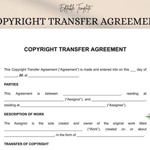 May include: A white document titled "COPYRIGHT TRANSFER AGREEMENT" with fillable fields. The document includes sections for parties involved, description of work, and copyright transfer details. The words "Editable Template" are at the top.