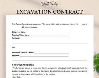 Excavation Contract Agreement Template | Editable DOC & PDF | Construction Site Work Form