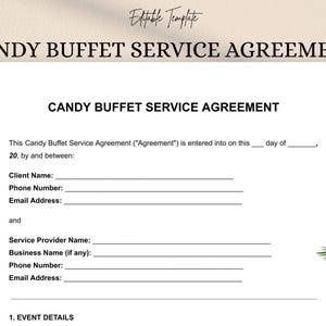 Candy Buffet Service Agreement | Editable Doc PDF | Dessert Table Contract | Party & Event Planner Form