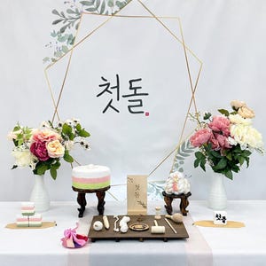 Korean 1st Birthday Table Setup Rental | Doljanchi / Dohlsang Decor | Backdrop & Table Styling | Blush Whisper