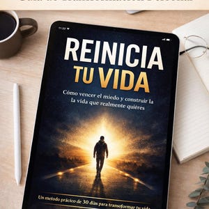 Puede incluir: Una tableta muestra el título "Reinicia Tu Vida" y el subtítulo "Guía de Transformación Personal." La imagen en la pantalla muestra a una persona caminando hacia una luz brillante. También se ven una taza de café, un bolígrafo y un cuaderno.