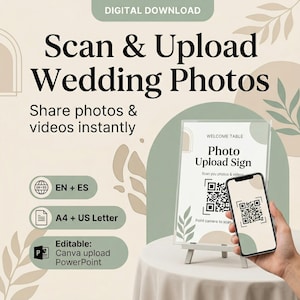 Wedding QR Photo Upload Sign Template Bundle | Photo Sharing QR Code Sign | Editable Canva + PowerPoint | En+Es | A4 & US Letter | 2 Styles